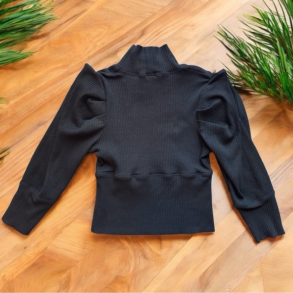 FREE PEOPLE Black Ribbed Puff Shoulder Mock Neck Sweater - Size Small - Picture 10 of 16